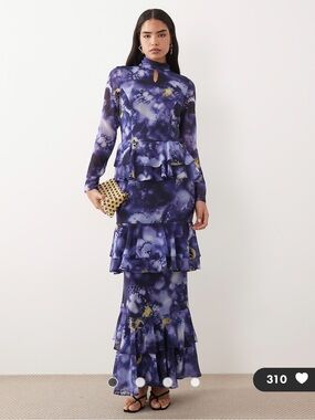 Daska chiffon high neck keyhole tiered frill maxi dress Small Purple abstract